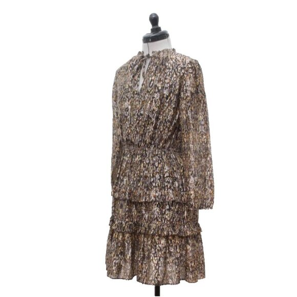 ba&sh Paris Mini Dress Sze2 Medium Printed Long Sleeve Ruffle Tiered V Neck Kaki - Picture 5 of 16